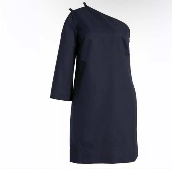 LEWIT Sz 10 Navy 100% Cotton One Shoulder Tunic Mini Dress Evening Cocktail - Picture 1 of 12